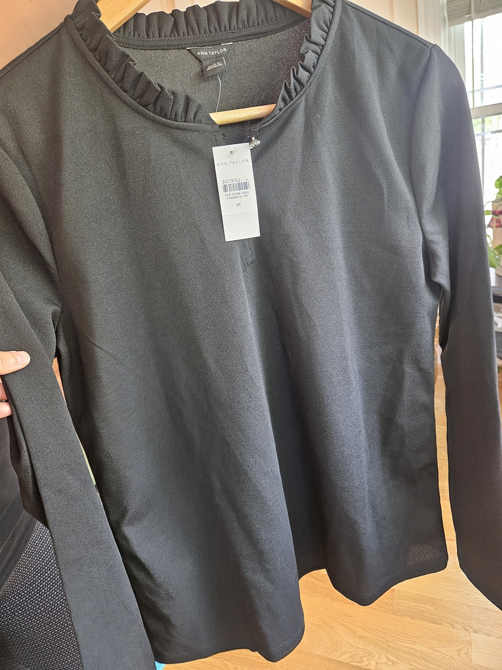 Ann Taylor Black Ruffle Neck Long Sleeve Top
